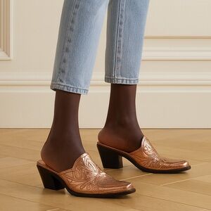 JESSICA BENNETT METALLIC LEATHER WESTERN Cowgirl Cowboy Jboheme HEELED MULES 8M